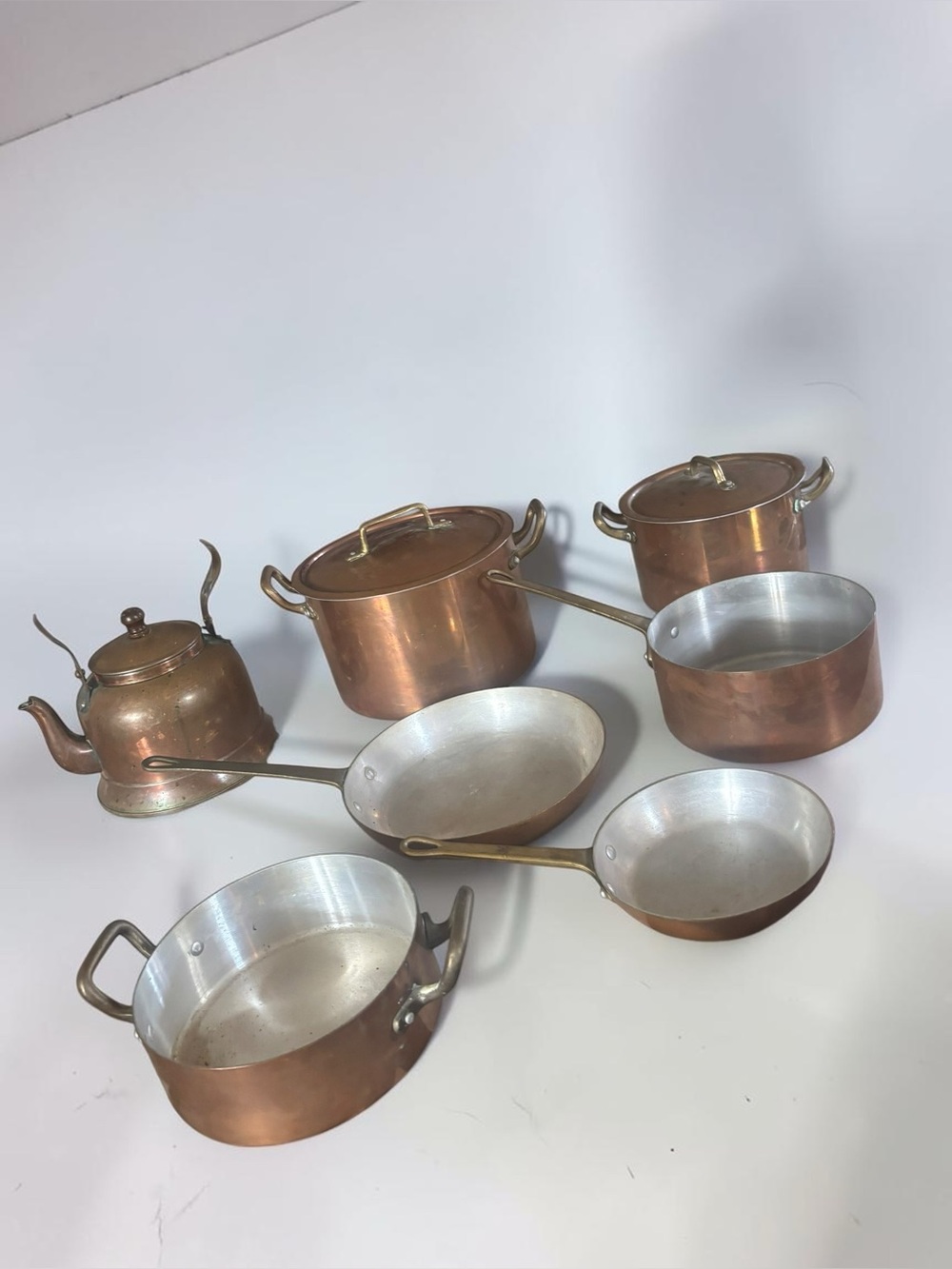 Vintage 10 Piece Copper Cookware Set Brass Handles Pots Pans Mid Century